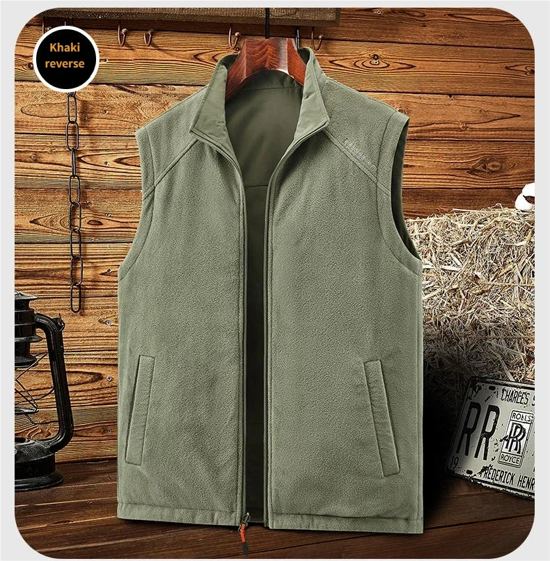 Double sided wear workwear style  Asian Size  Men Autumn and Winter warm sleeveless vest with fleece casual versatile