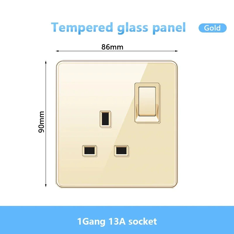Gold UK 13A Tempered Glass USB Socket Plug,18W Type-C Fast charging Universal 3pin Dual Power Outlet,Wall 2way Light Switch