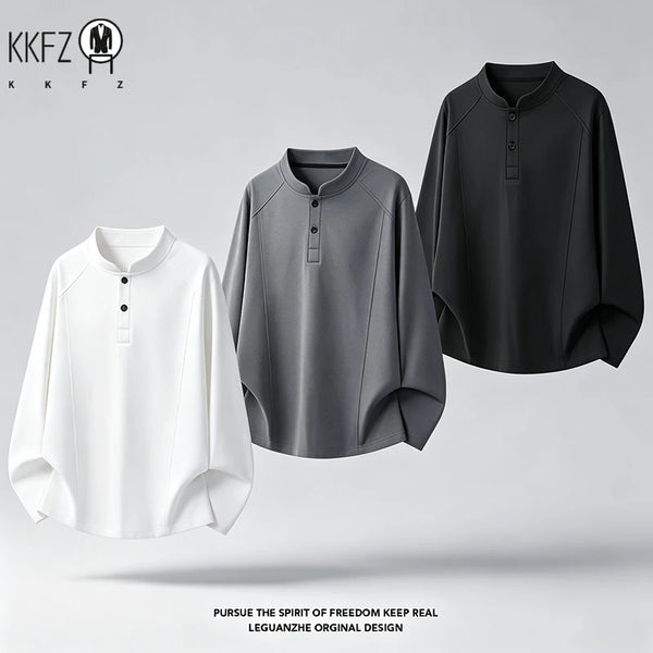 Mens Raglan Sleeve Henley Shirt Mandarin Stand Collar Long Sleeve Two Button Placket Loose Casual Daily Top