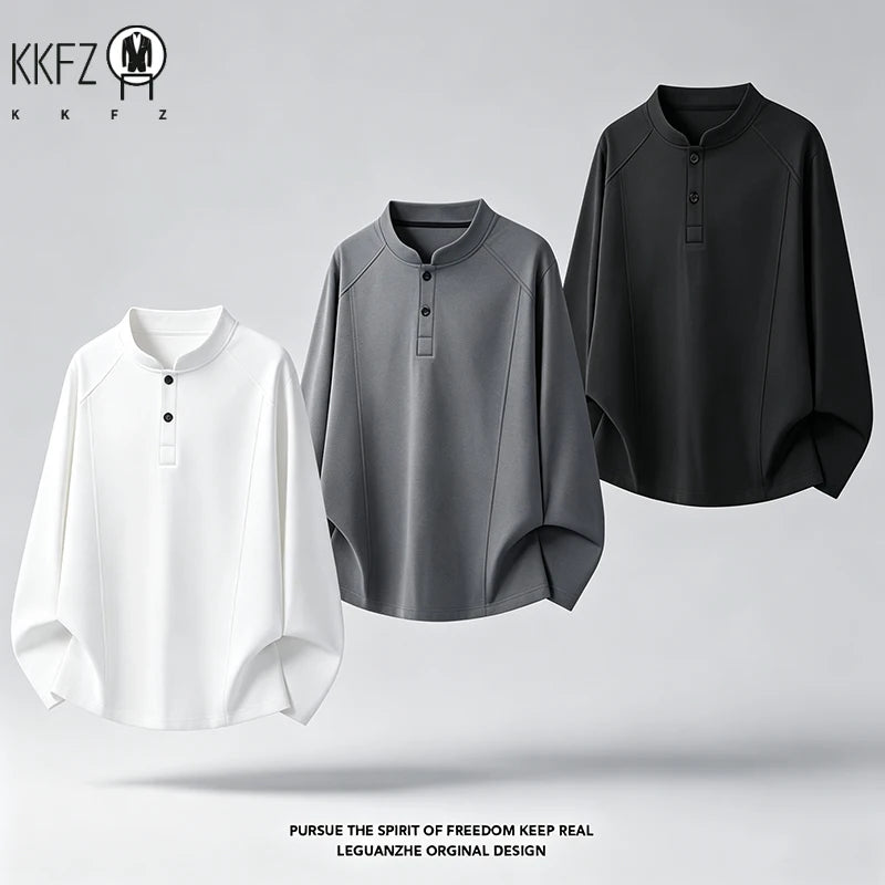 Mens Raglan Sleeve Henley Shirt Mandarin Stand Collar Long Sleeve Two Button Placket Loose Casual Daily Top