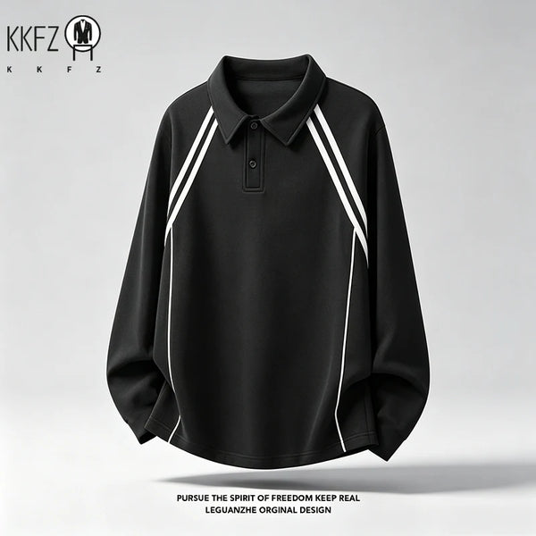 Mens Long Sleeve Lapel Polo With Contrast Striped Panels Raglan Seam Soft Relaxed Fit Street Daily Outfit