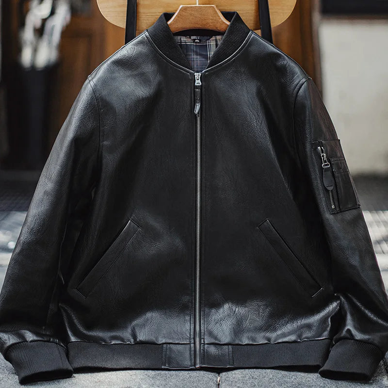Maden Vintage Men's MA1 Leather Jacket Black Pilot Bomber Jacket Short Zip-up Pocket Baseball Coat Outerwear for Fall Streetwear