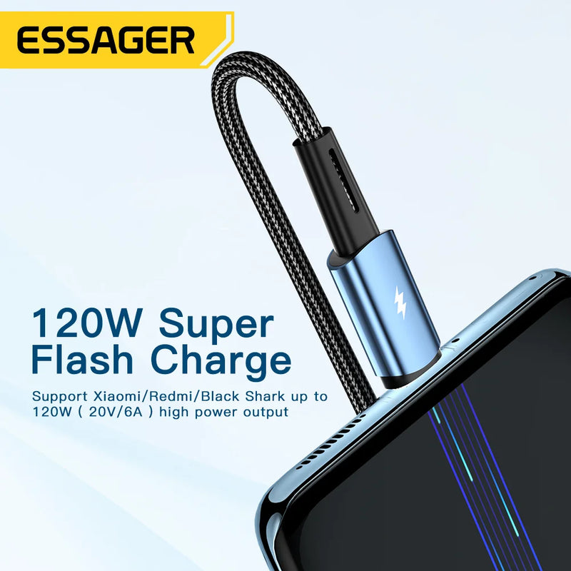 ខ្សែសាក Essager 120W USB Type C ខ្សែសាកលឿន 67W សាកលឿន 6A សម្រាប់ Xiaomi 12Pro Redmi K50 Note 11Pro Black Shark5 Pro