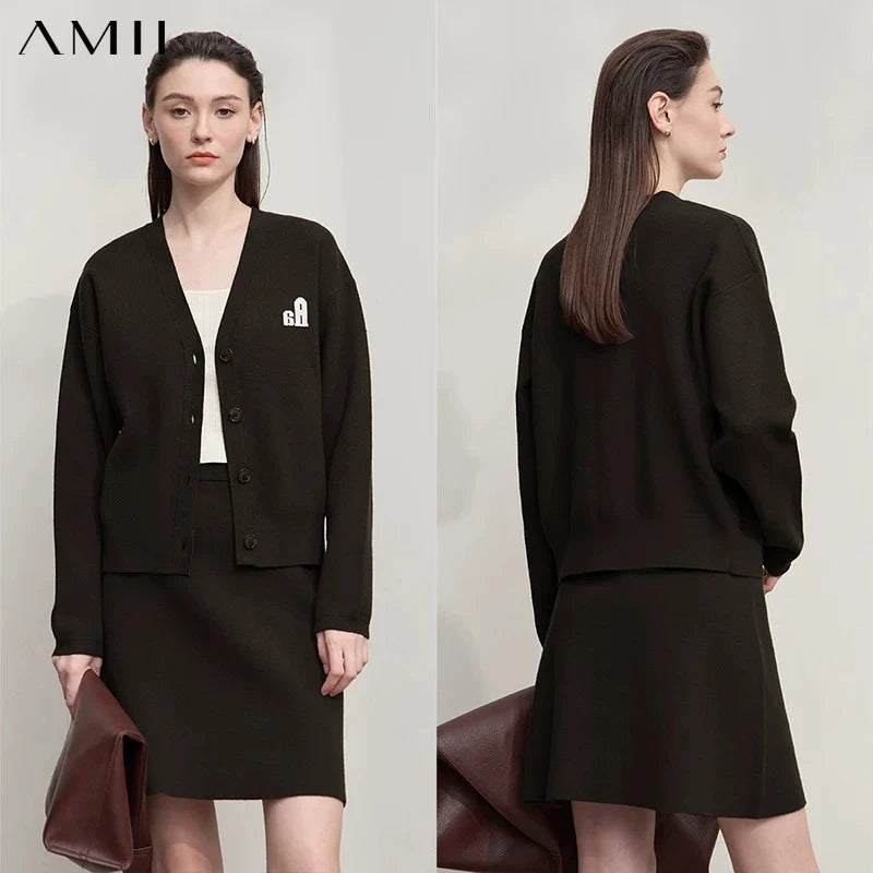 AMII Sweater 2026 Autumn Winter New Lady Cardigan V-neck Knit Long Sleeves Cardigan Mini Skirts Casual Women's Clothing 12523114