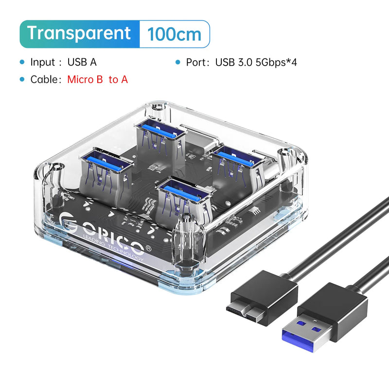 ORICO Transparent Usb C Hub 4 Port Expansion With Power Supply Interface Usb 3.2 Protocol High Speed Transmission OTG Dapter