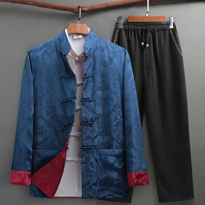 Men's Blue Two-piece, Tang-style Suit: A Chinese-style Single-breasted Stand-collar Jacket in Jacquard Fabric Paired with Pants.