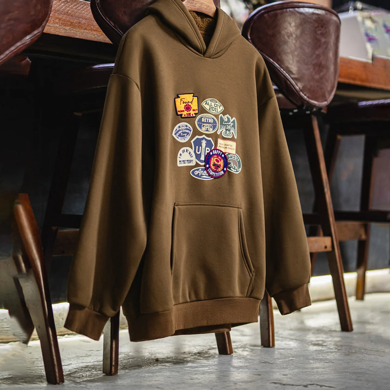 Maden Vintage Men's Embroidered Badge Hoodie Brown Sherpa Fleece Warm Pullover Relaxed Fit Casual Knit Tops for Fall Winter