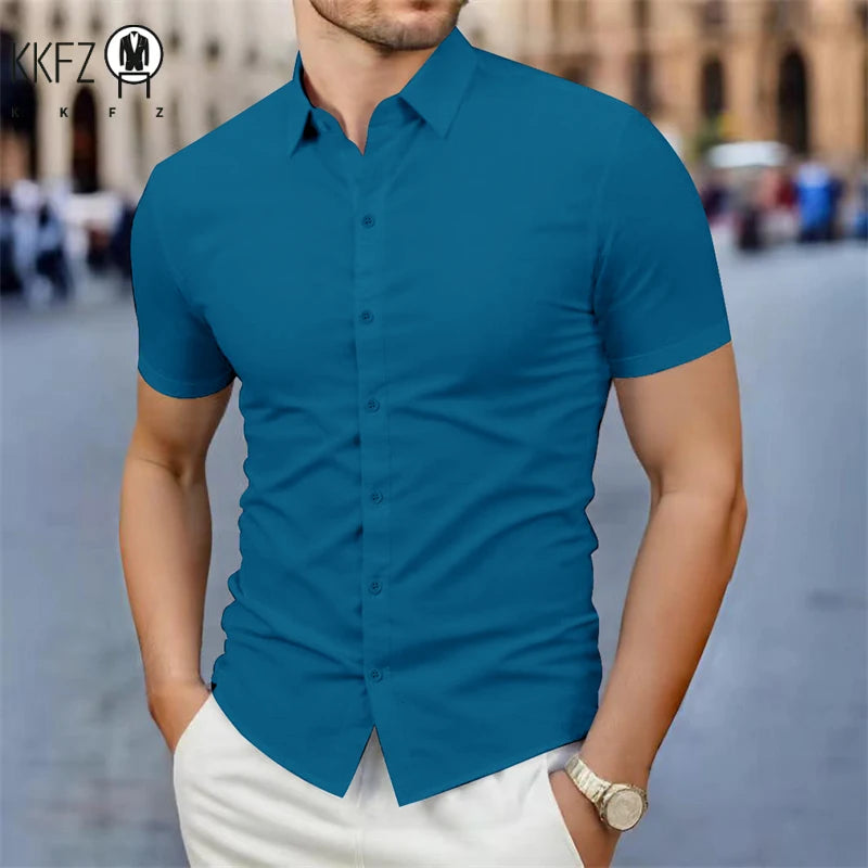 Men's Business Casual Solid Color Short Sleeve Shirt Summer Fashion No Ironing Comfortable Versatile Top for Men
