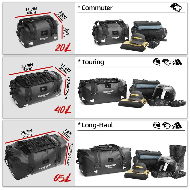 Rhinowalk Motorcycle Back Seat Bag Waterproof Dry Reflective Tail Bag 20L/40L/65L With MOLLE Expansion PanelAir Valve Backpack