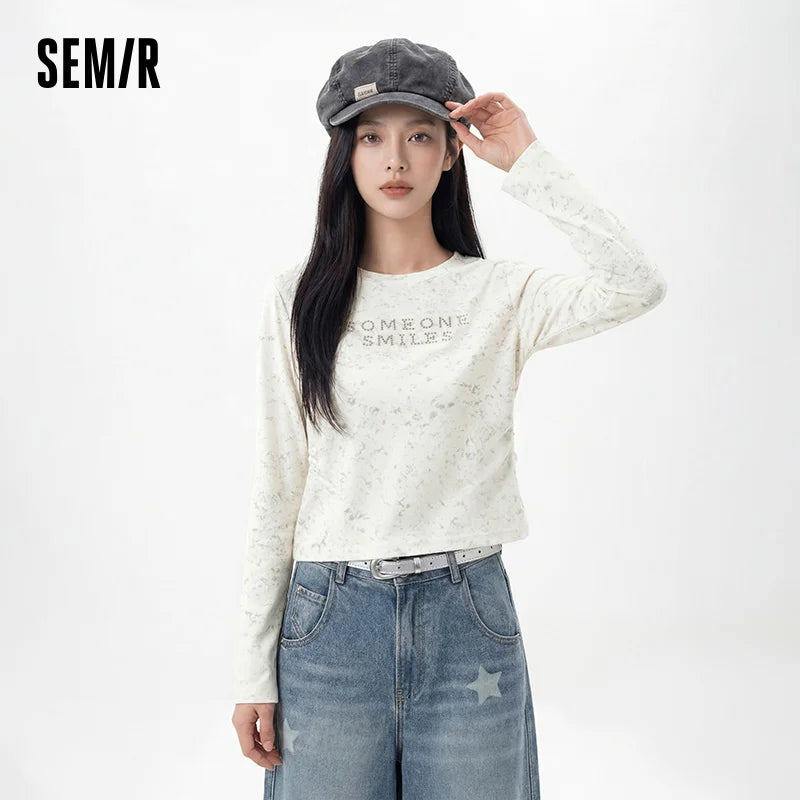Semir Women Tshirt Long Sleeve Sequin Wash Letter Slim Ruched Street Smart Casual Style Autumn Top Daily Wear 2026