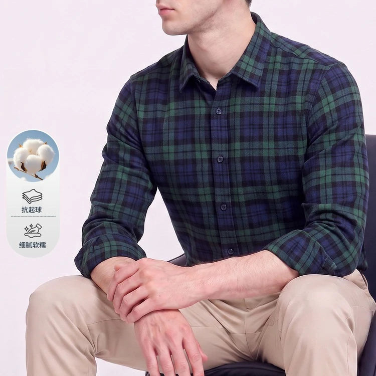 Men's 100% Cotton Brushed Plaid Long Sleeve Shirt – Soft Flannel Casual Button-Down for Outdoor & Daily Wear