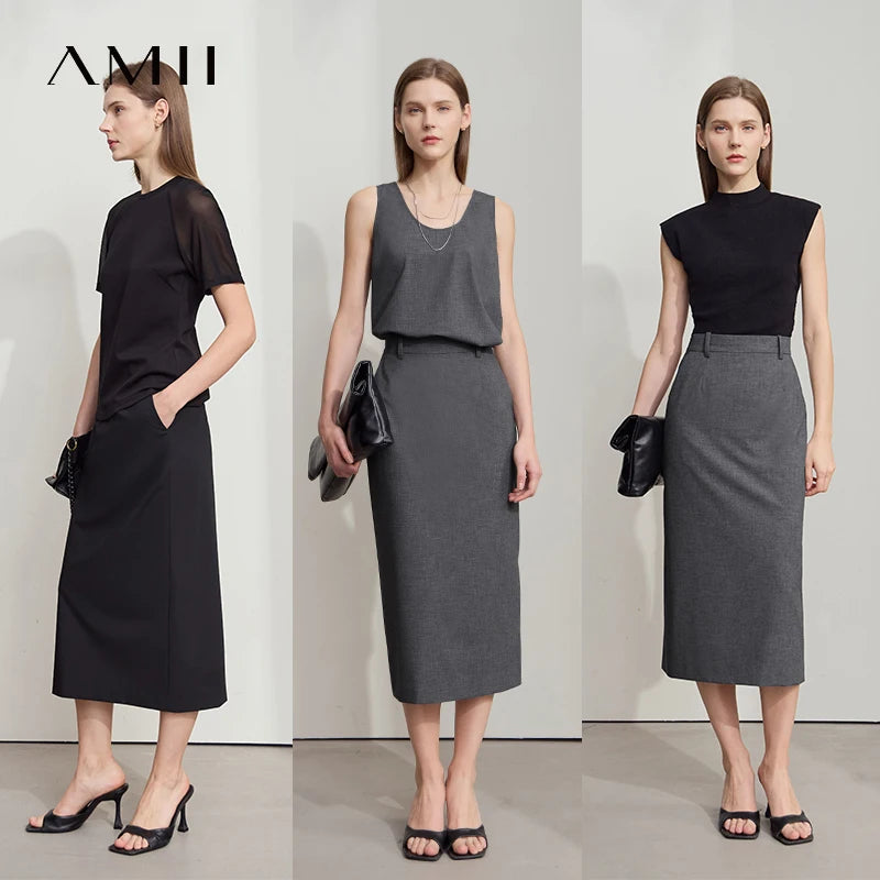 សំពត់ខ្លី Amii សម្រាប់នារី រចនាបថរដូវក្តៅថ្មី ឆ្លាតវៃខ្ពស់ ងាយស្រួលធ្វើដំណើរ ឆើតឆាយ សំពត់ត្រង់ រន្ធខាងក្រោយ 12522034