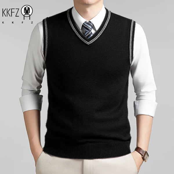 Mens V Neck Sleeveless Knit Waistcoat Contrast Rib Trim Soft Slim Sweater Vest For Daily Formal Wear In Autumn
