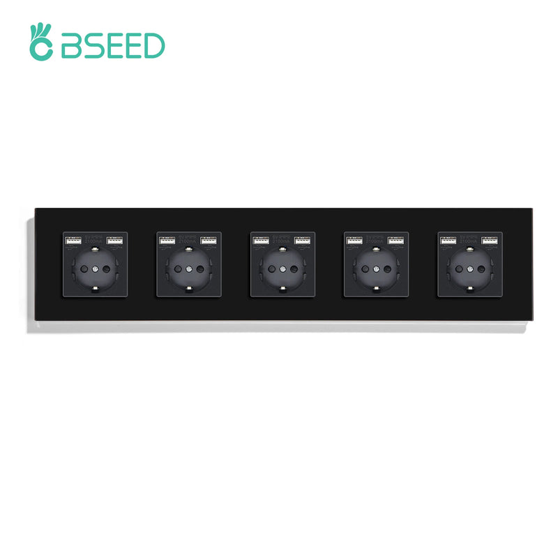 BSEED EU Wall Sockets Five Power Outlets USB Type-C Charge Port Glass Frame Sockets Wall Sockets Kids Protection 16A