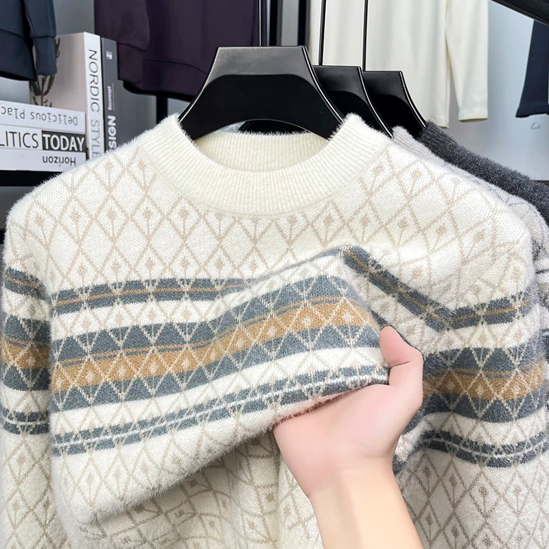 High Quality Man Long Sleeved Knitted Sweater Crew Neck Stripes Color Blocking Geometric Pattern Autumn Winter Leisure Pullover