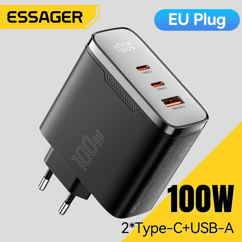 ឆ្នាំងសាក Essager 100W GaN USB Type C ឆ្នាំងសាកឌីជីថល PD QC ឆ្នាំងសាក USB ចល័តសម្រាប់ iPhone 17 16 15 Xiaomi Macbook Laptop