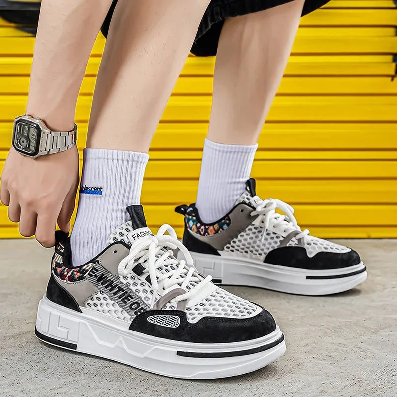 Men's mesh breathable hollow casual shoes summer new soft-sole outdoor walking shoes fashion lightweight flat sports board shoes