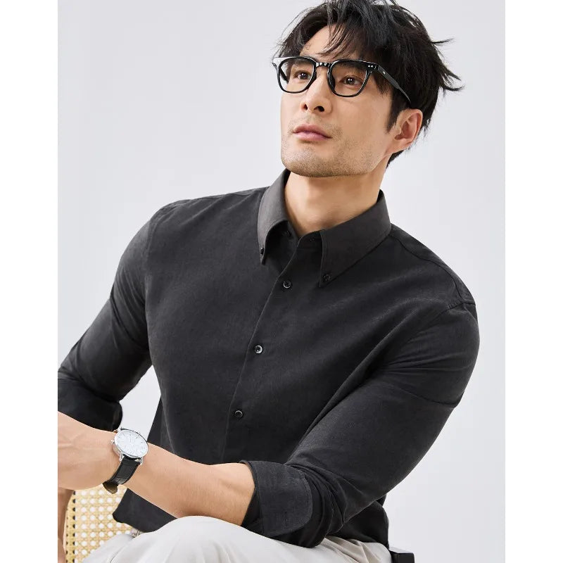 Men's Business Long Sleeve Shirt – Vintage Distressed Linen-Blend with Wide Pointed Collar, Slim Fit for Office & Smart Casual