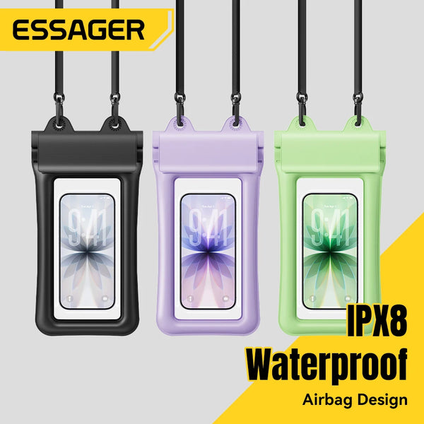 កាបូបទូរស័ព្ទ Essager IPX8 ការពារទឹកជ្រាប កាបូបសុវត្ថិភាពអណ្តែតទឹក កាបូបទូរស័ព្ទថ្លាងាយប៉ះ សម្រាប់ហែលទឹកលេងលើឆ្នេរខ្សាច់ និងកន្លែងទឹកក្ដៅ