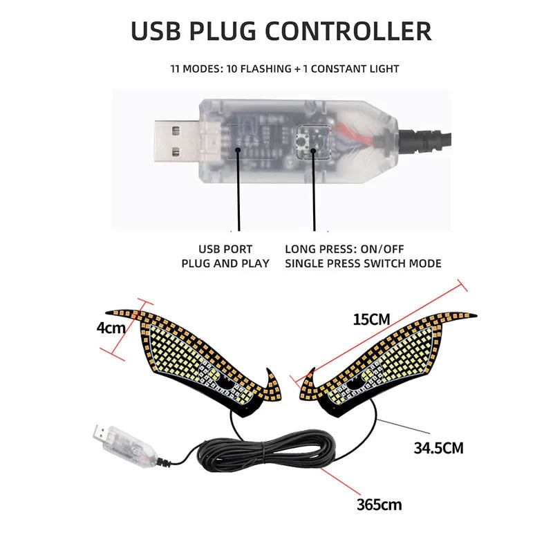 Devil Eyes Light for Cars Windshield USB Plug with11 Modes Warning Lamp Signs Atmosphere Decor Lighting for Car Accessories