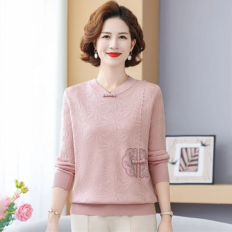 Sweater Women Trends 2025 Vintage Print Middle Aged Mother Pullover Tops Spring Autumn Woolen Jumper Knitwear Female Clothing