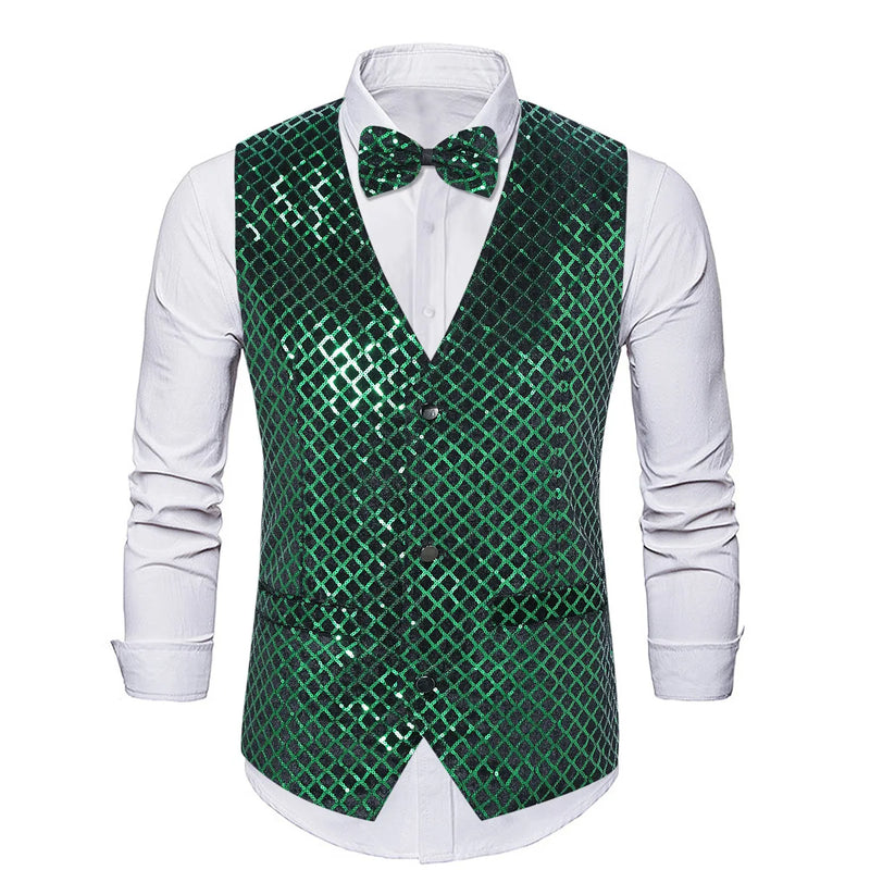 2026 Men's Green Sleeveless Vest Jacket, Single Breasted V-Neck Waistcoat, Red Blue Silver Purple Optional, Europe Size Vests