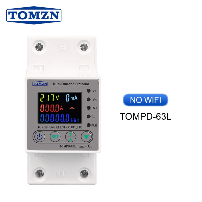 TOMZN 63A WIFI Smart Switch TUYA Energy Meter Kwh Metering Circuit Breaker Timer with Voltage Current and Leakage Protection