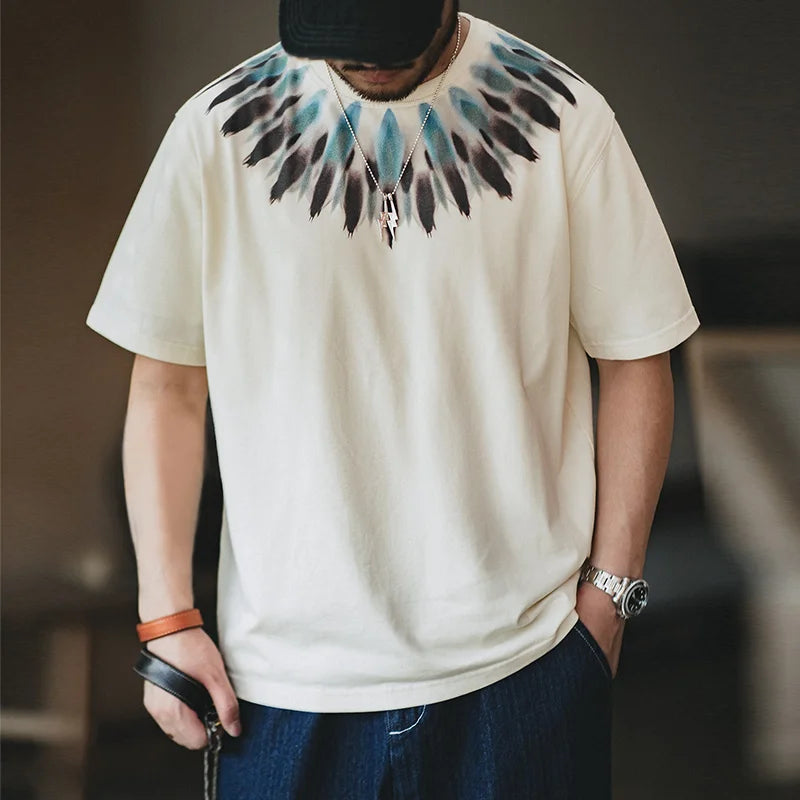Maden Summer Short Sleeve T-Shirts for Men 100% Cotton Vintage Indian Eagle Feather Bird Print Tees Casual Loose Fit Tops