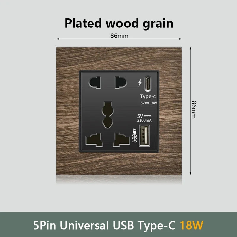 Retro Wood grain Wall Light Switch,18W Fast Type C Wall 220V Power Outlet plug,EU FR European Electrical socket with USB Charger
