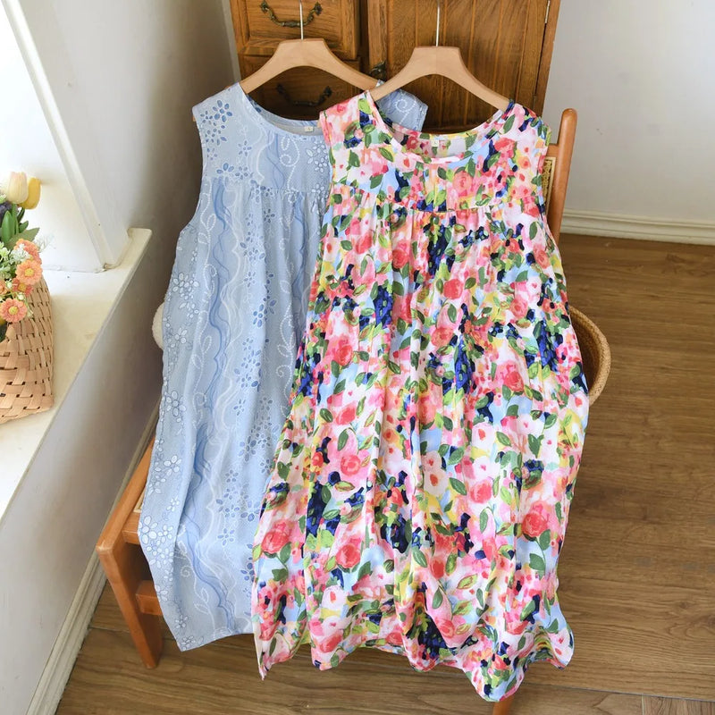 New Style Summer Sleepwear One Piece Dress Sleeveless Floral Nightgowns Woman Nightdress Soft Home Wear Lounge Sleeping Dress