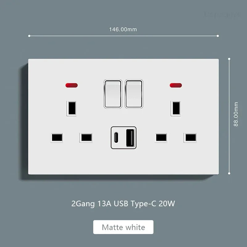UK Standard Power Socket 13A Quick charge Plug 20W Smart Type-C Wall Outlet,220V Electrical Universal Wall Light 2way Switch