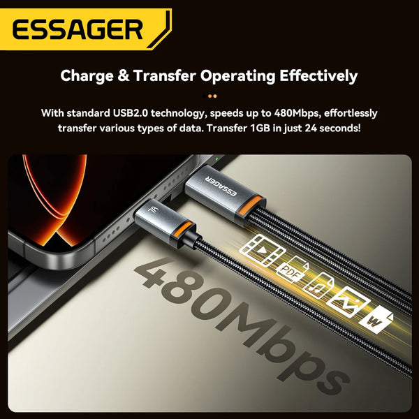 ខ្សែសាក Essager 2 in 1 7A USB A ទៅ Type C ទៅ Lighting 100W PD សាកលឿនសម្រាប់ Macbook IPhone16 15 14 Samsung Xiaomi Huawei Hono