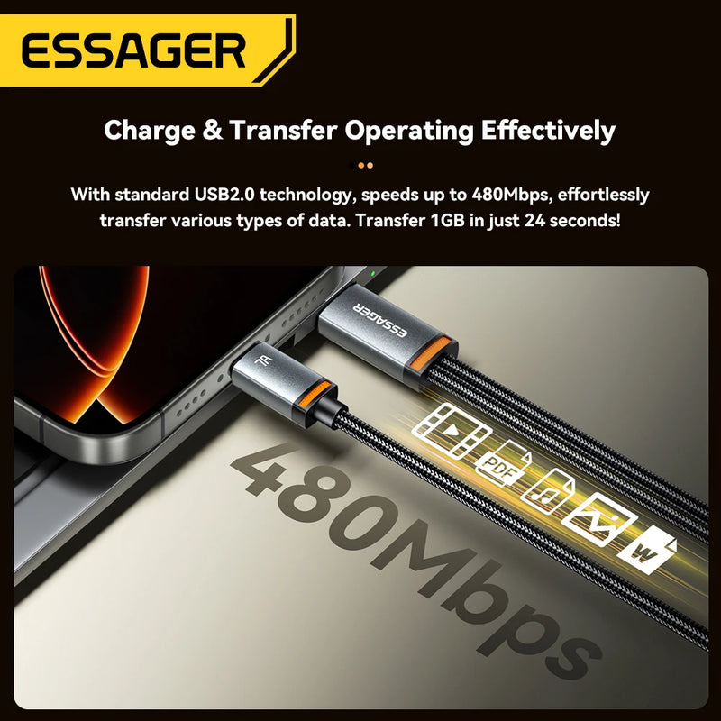 ខ្សែសាក Essager 2 in 1 7A USB A ទៅ Type C ទៅ Lighting 100W PD សាកលឿនសម្រាប់ Macbook IPhone16 15 14 Samsung Xiaomi Huawei Hono
