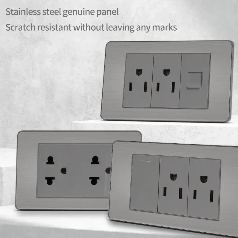 T&I 118 Premium Stainless Steel Brushed Wall Socket with USB Type - C, US Switch, Thai Plug for Home & Office Use