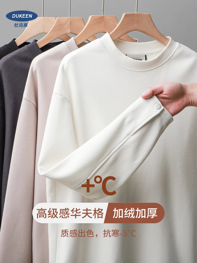 DUKEEN 400G Heavyweight Fleece-Lined Men's Sweatshirts Autumn and Winter Waffle Fabric Crew Neck Long Sleeve Warm Undershirts