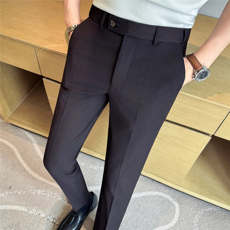 2026 Men's Slim Fit Striped Dress Pants Brown Formal Business Suit Trousers for Office And Wedding Wear High-Quality