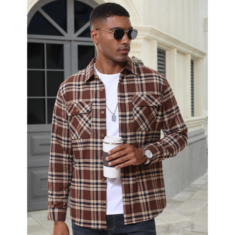 TACVASEN Casual Cotton Plaid Flannel Shirts Mens Button Up Long Sleeve Shirts 2 Chest Pocket Shirt Jacket Lightweight Coat Male