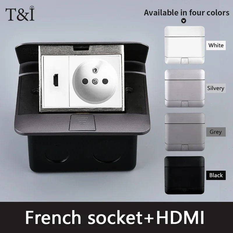 Metal Panel EU Standard Hidden Type Table Socket 2/3 Way Outlet USB/EUR/Universal/FR Office Cabinet Desktop Aluminum 120x120mm