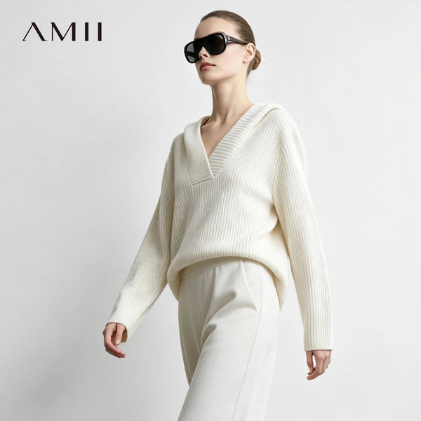 អាវយឺតក V សម្រាប់នារី Amii មានមួក ដៃវែង ស្មាធ្លាក់ សាមញ្ញ សាមញ្ញ អាវប៉ាក់ អាវយឺតរដូវស្លឹកឈើជ្រុះ 12643025