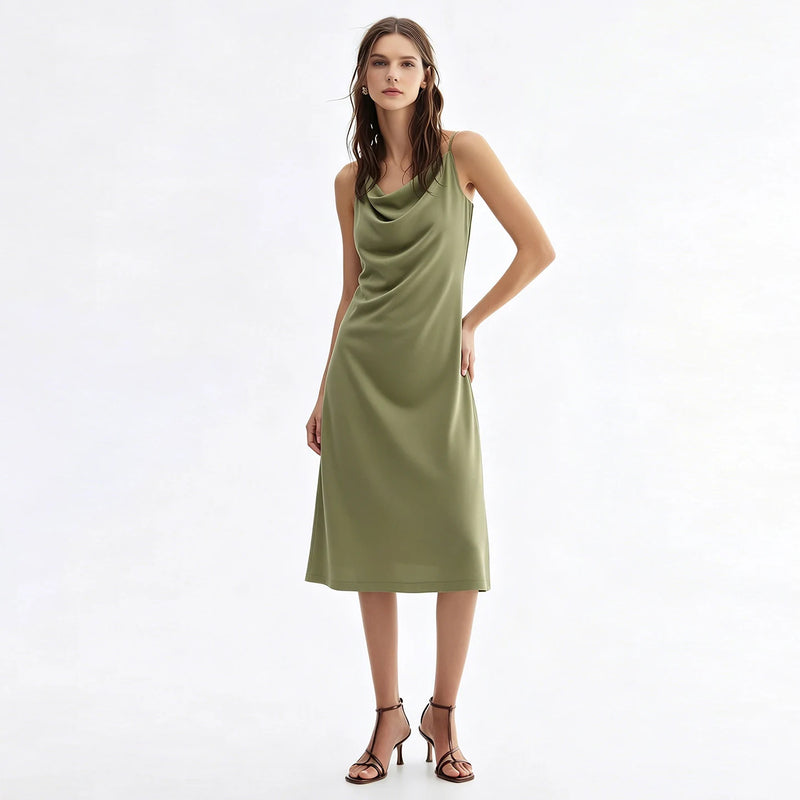 Amii Midi Dresses 2026 Summer New Cowl Neck Fitted Waist Maxi Elegant Office Casual Spaghetti Strap Long Womens Dresses 12652042