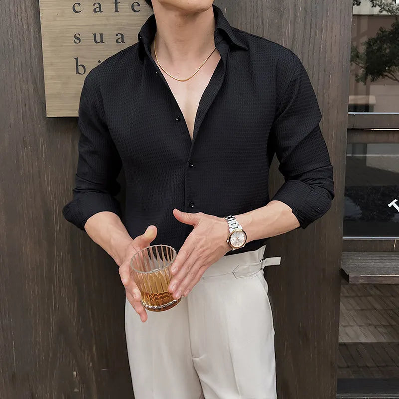 Autumn White Fleece Long Dress Shirt Men's, Fashion Slim Men Shirts,QJ CINGA Brand New Male Top Lace Stitching Decoration Camisa