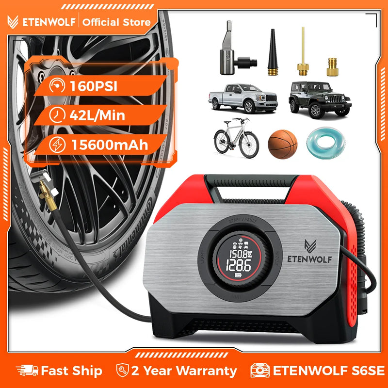ម៉ាស៊ីនបង្ហាប់ខ្យល់ចល័ត ETENWOLF S6SE ថ្មី វដ្តការងារ 100% និងស៊ីឡាំងពីរ 19200 mAh ម៉ាស៊ីនបូមខ្យល់កង់ ម៉ាស៊ីនបូមខ្យល់