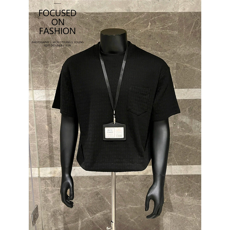 Men's 260g Ribbed Jacquard T-Shirt, Short Sleeve with Chest Pocket, Heavyweight Casual Top 35% Cotton, Breathable Sweat-wicking