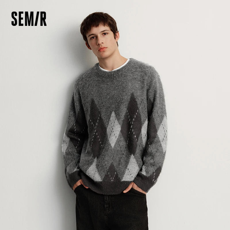 Semir Knitted Sweater Men Winter Faux Mohair Plaid Jacquard 2025 New Retro Preppy Style Couple Outfit Men'S Wear