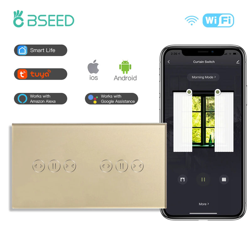 BSEED WiFi Curtain Switch Wireless Smart Touch Switch for Smart Life Tuya Alexa Blind Roller Shutter With Neutral Line
