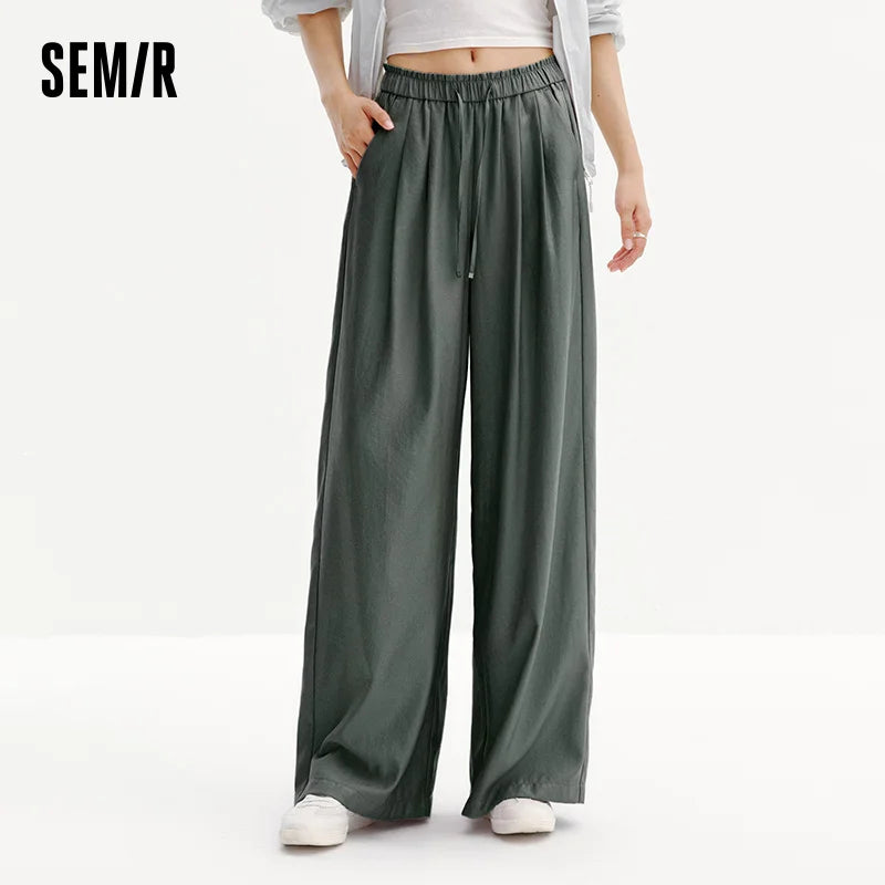 Semir Women Pants Pleated Textured Wide Leg Loose Lace Trim Summer 2026 Casual Style Draped Trousers Bottoms Wear
