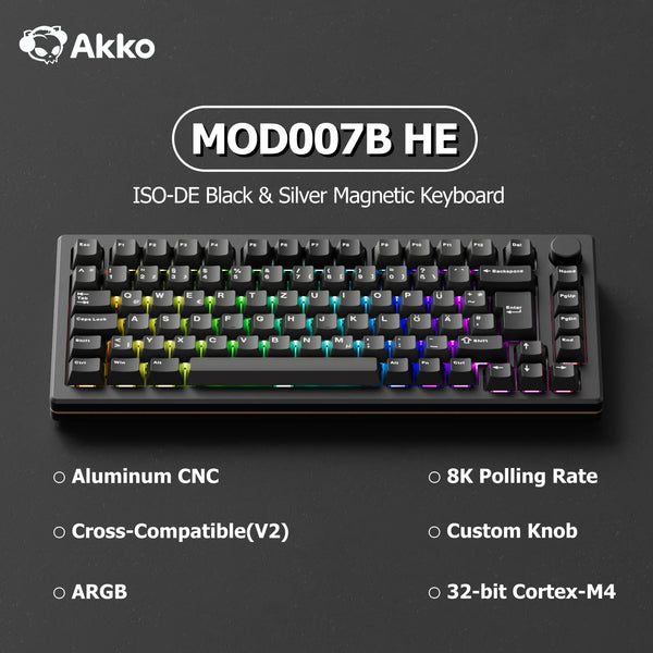 Akko MOD007B HE Magnetic Switch Mechanical Keyboard Black 75% ISO-DE Aluminum CNC Rapid Trigger 0.005mm 8K ARGB Gaming Keyboard