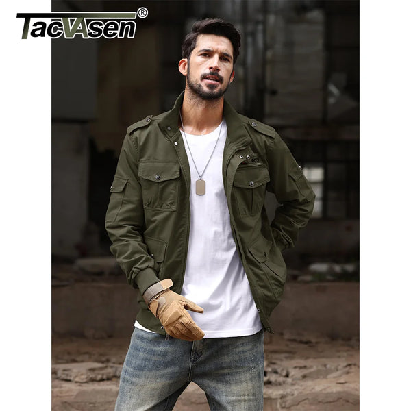 TACVASEN Retro Cargo Jacket Mens Full Zip Stand Collar Casual Cotton Jackets Spring Autumn Lightweight Working Jacket Outwear