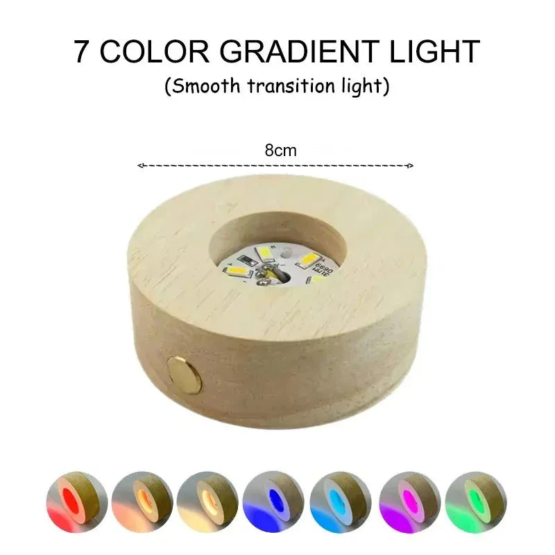 8cm Wooden LED Light with USB Plug in Display Base Round Wooden Stand Battery Powered 3D Resin Art Crystal Glass Holder
