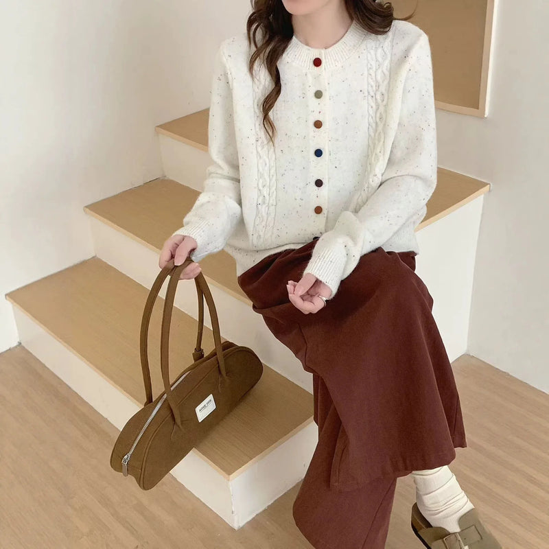 European Button Knitted Cardigan Women's Loose Lazy Style Single-breasted Long-sleeved Sweater Jacket Slim Top Female Knitwear